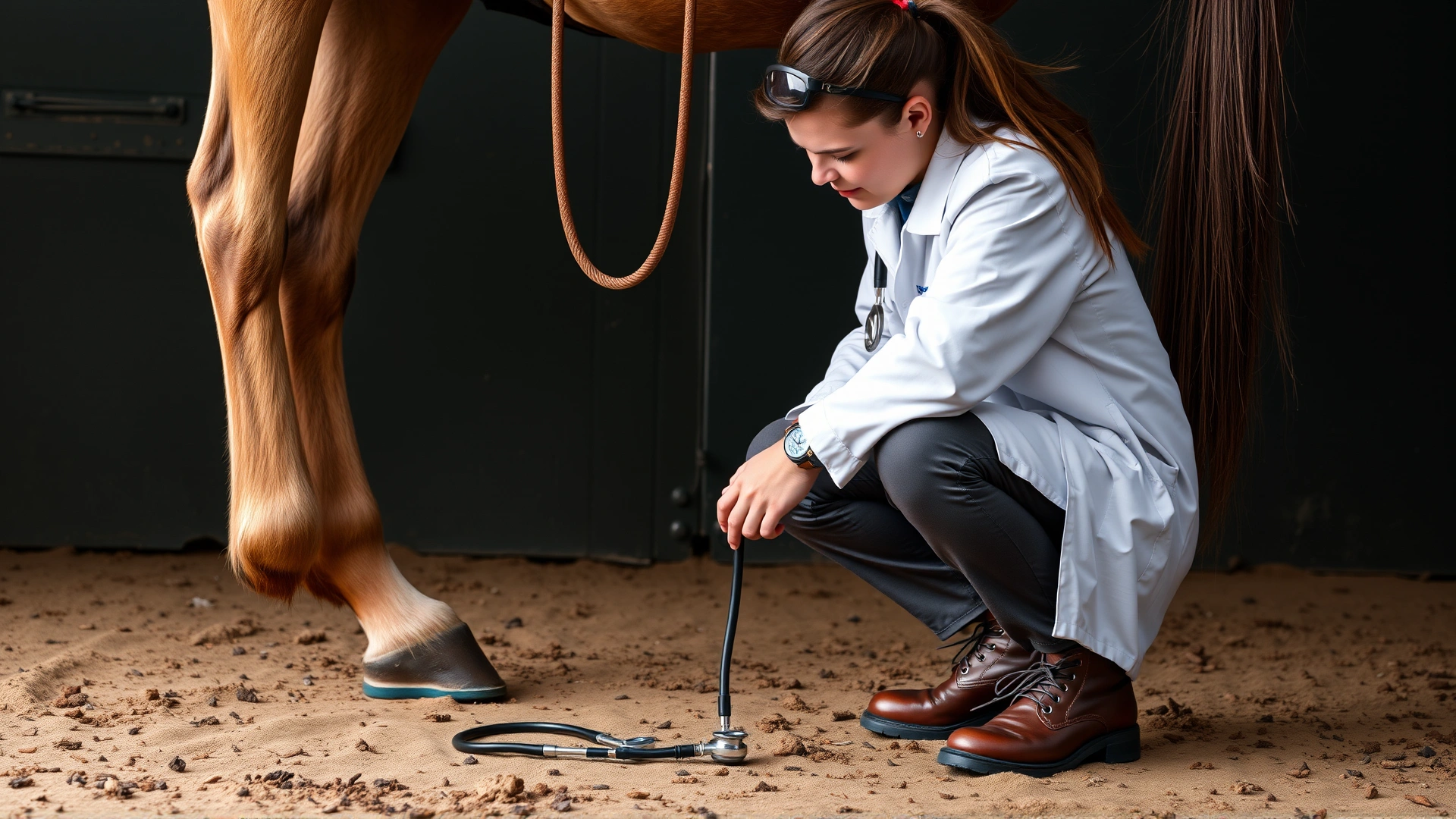 Equine veterinarian crouching beside a horse, palpating the hoof with hoof testers and stethoscope nearby