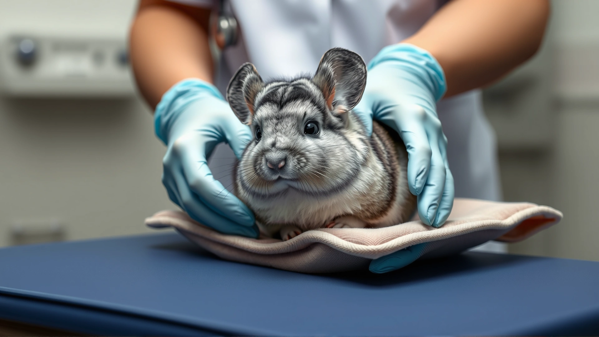 Veterinarian wearing gloves gently examining a female chinchilla on a padded table, clinical setting