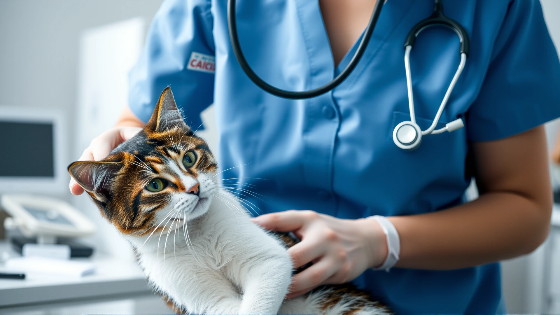Veterinarian in a clinic gently examining a recovered cat with a stethoscope, medical equipment blurred in background