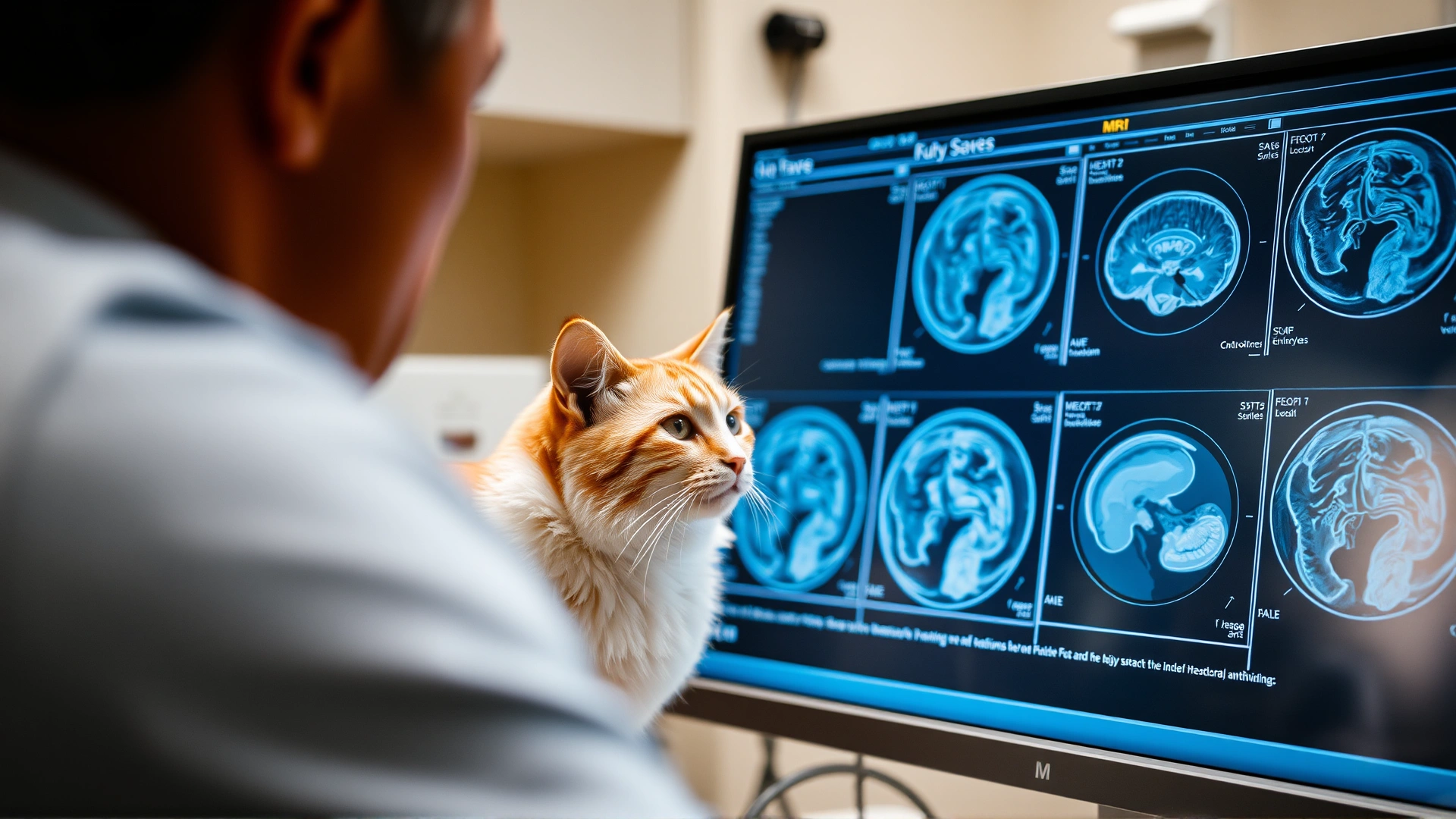 Close-up photo of a veterinarian reviewing MRI scans of a cat's brain on a computer monitor in a clinic setting.