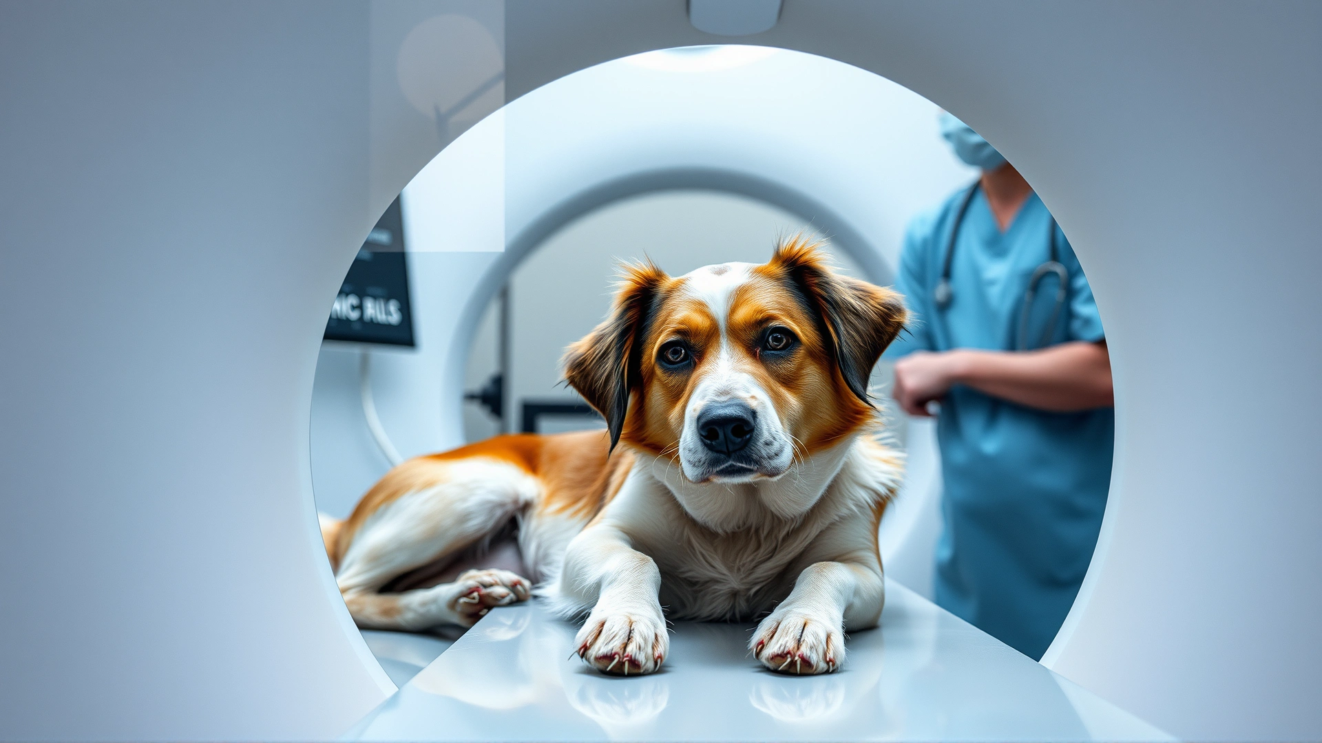 A medium-sized dog lying still inside a veterinary MRI machine, technician monitoring from behind protective glass