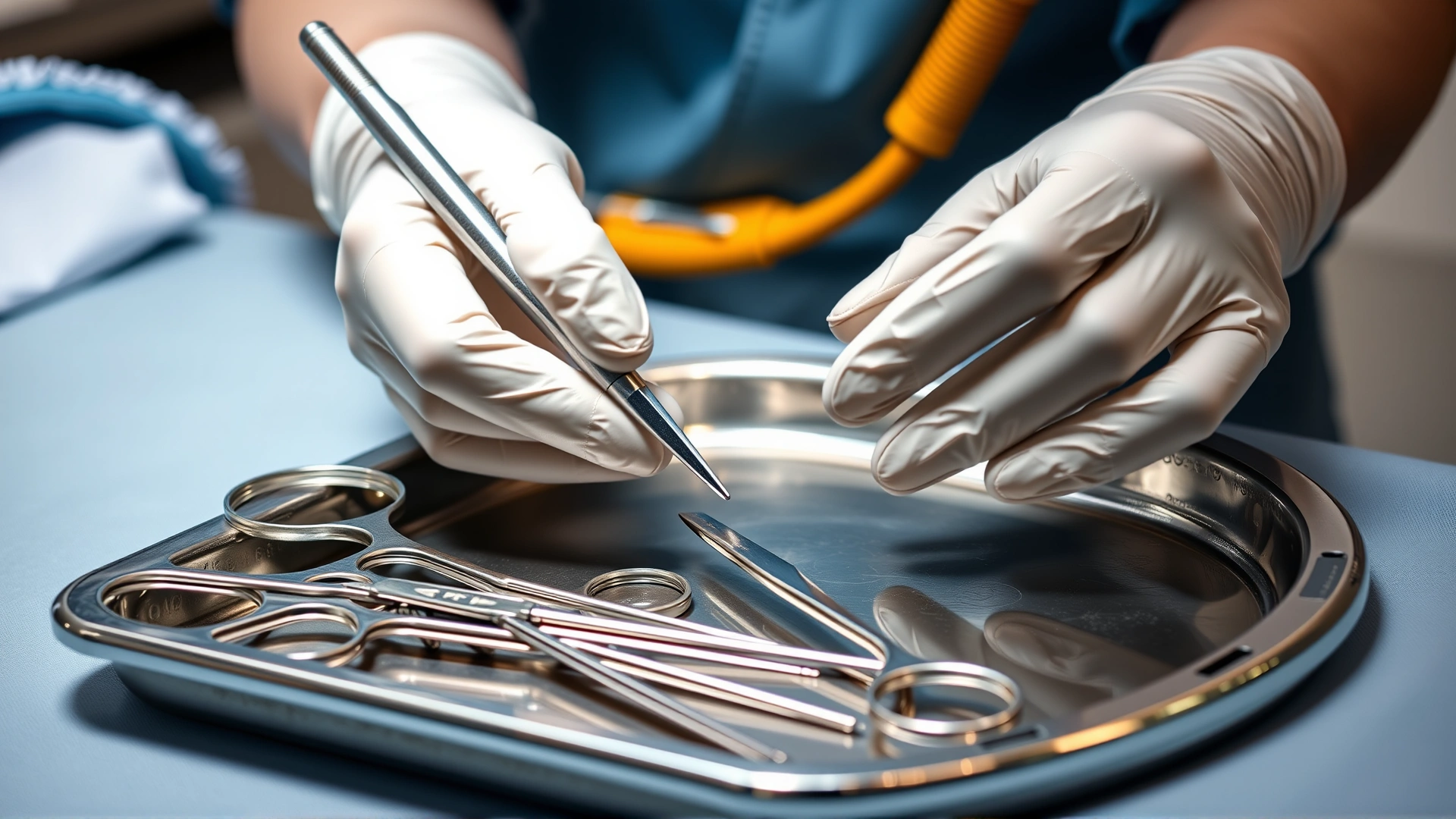 Gloved veterinarian arranging sterile surgical instruments on a metal tray in preparation for a minor tail docking procedure
