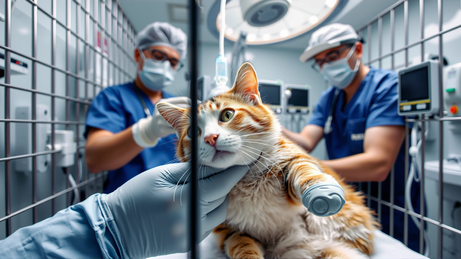 Dynamic shot of a veterinary team administering oxygen therapy to a cat inside an ICU cage with monitoring equipment, clean medical setting.