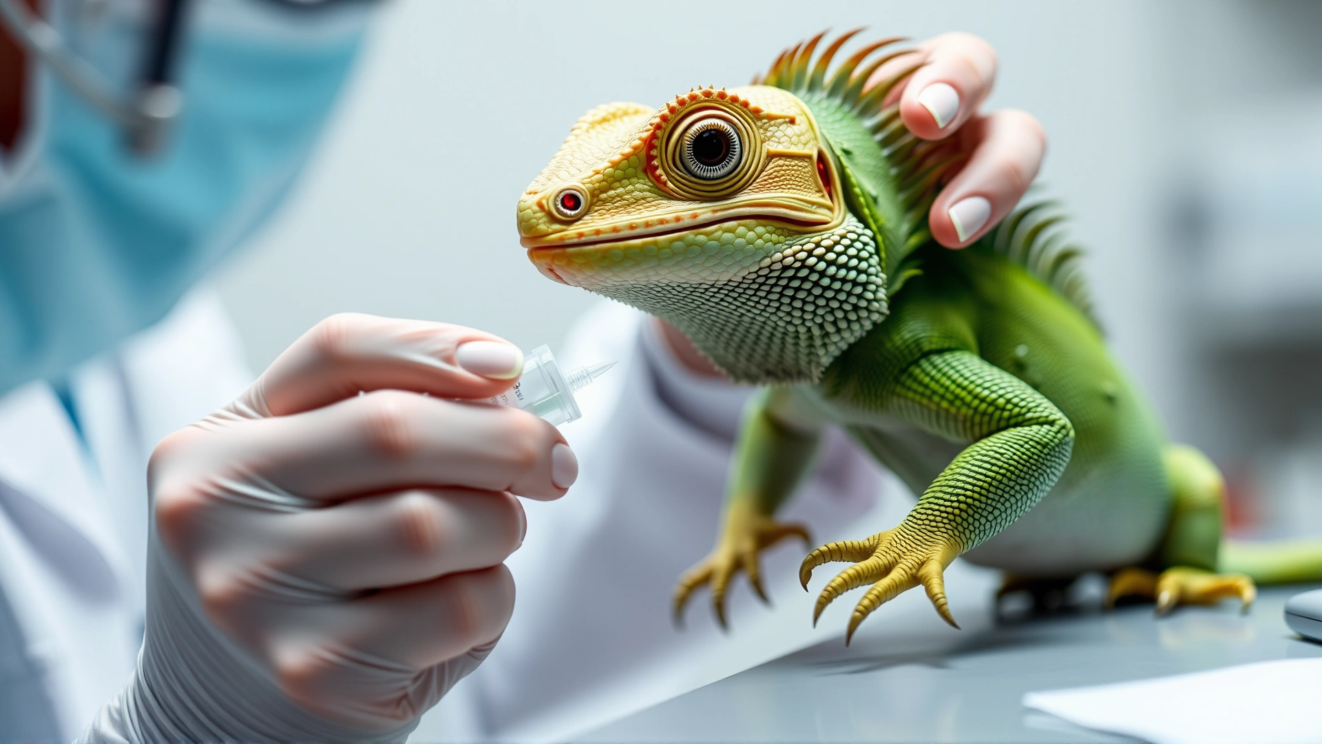 Veterinarian administering oral medication to a small green iguana, gentle handling, clinic setting, soft focus background