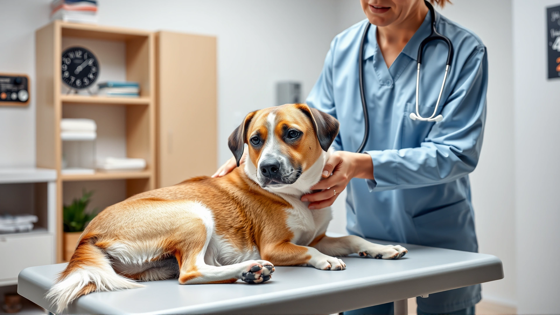 Veterinarian gently examining a dog on an exam table with a stethoscope in a bright, clean clinic, no text