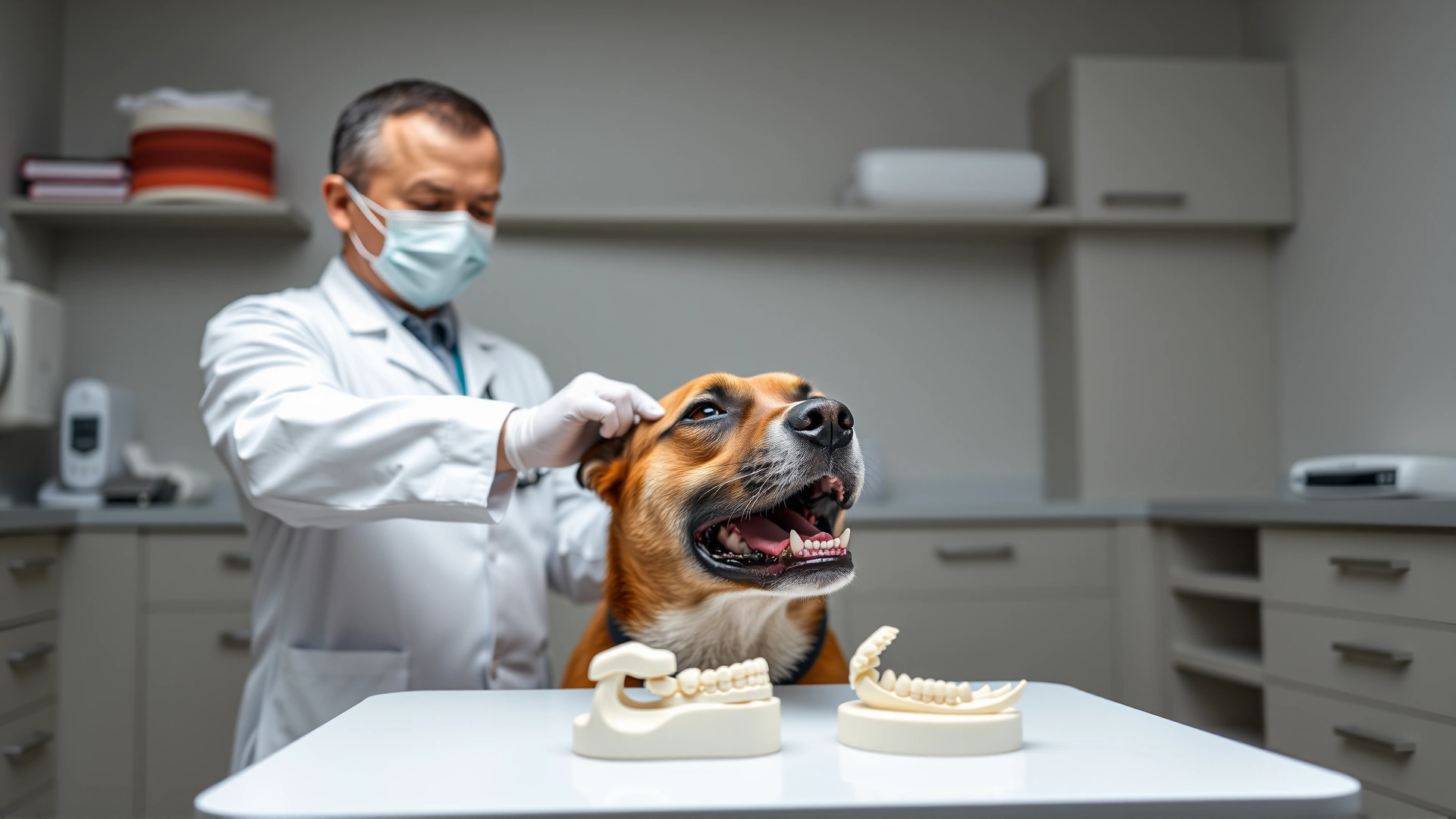 Veterinarian demonstrating proper oral exam on a calm dog in clinic setting, with dental models on table