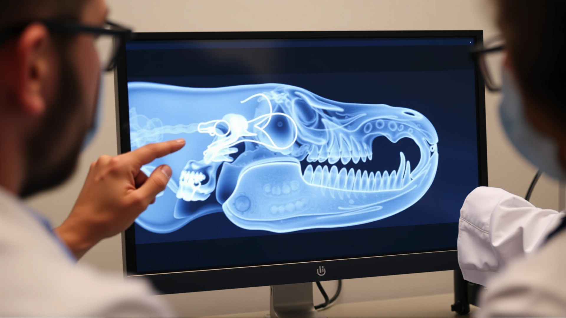 Side view of a computer screen displaying a dental X-ray of a cat's skull while a vet points at a tooth.