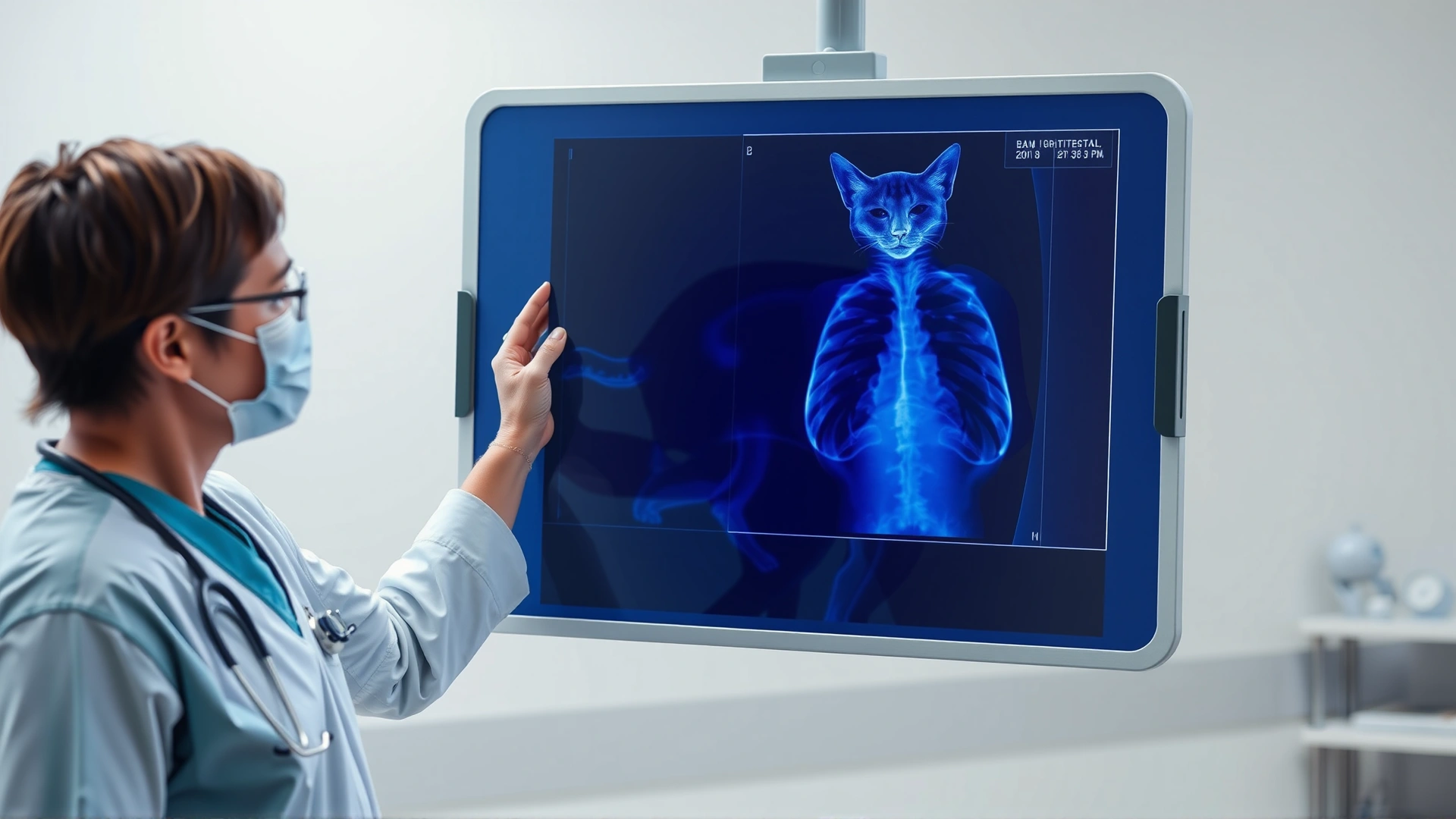 Veterinarian in scrubs holding up and examining a chest X-ray of a cat on a lightboard in a modern clinic
