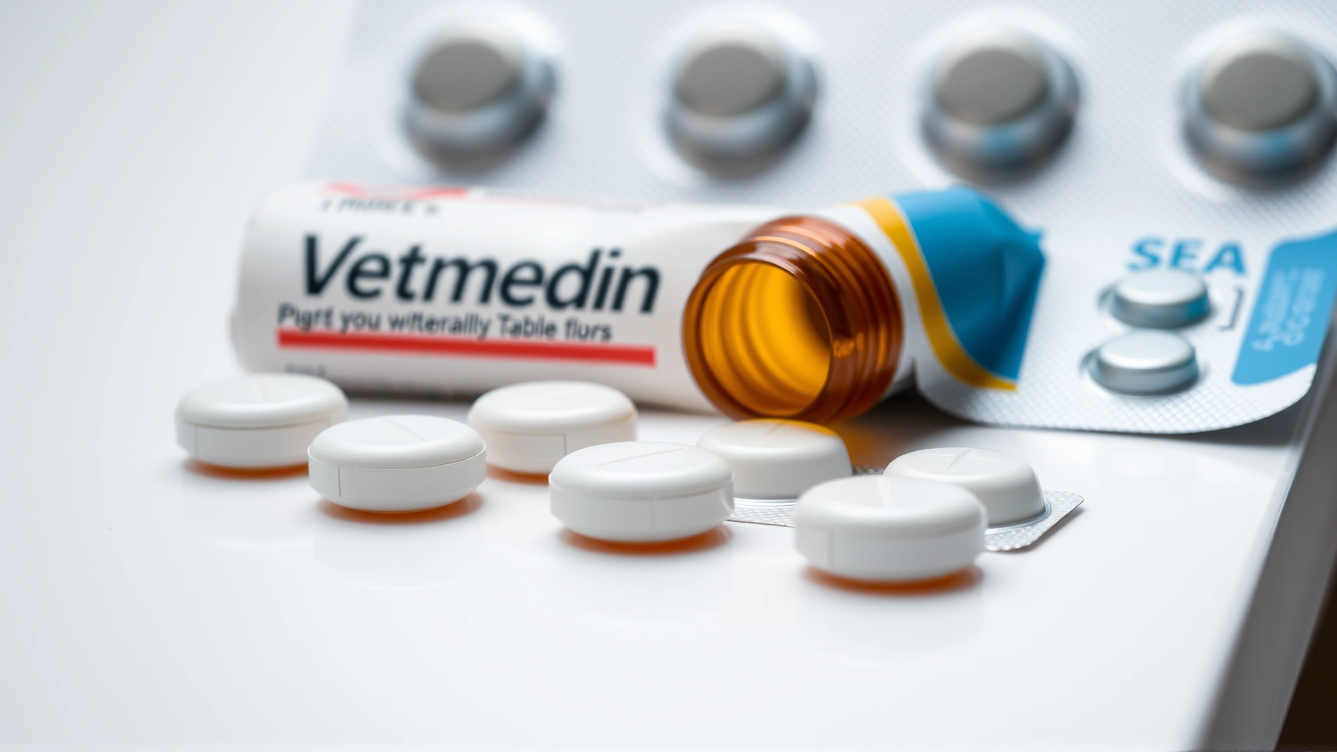 Macro photograph of Vetmedin chewable tablets and blister pack arranged neatly on a white surface, soft natural lighting, high-resolution, no text.