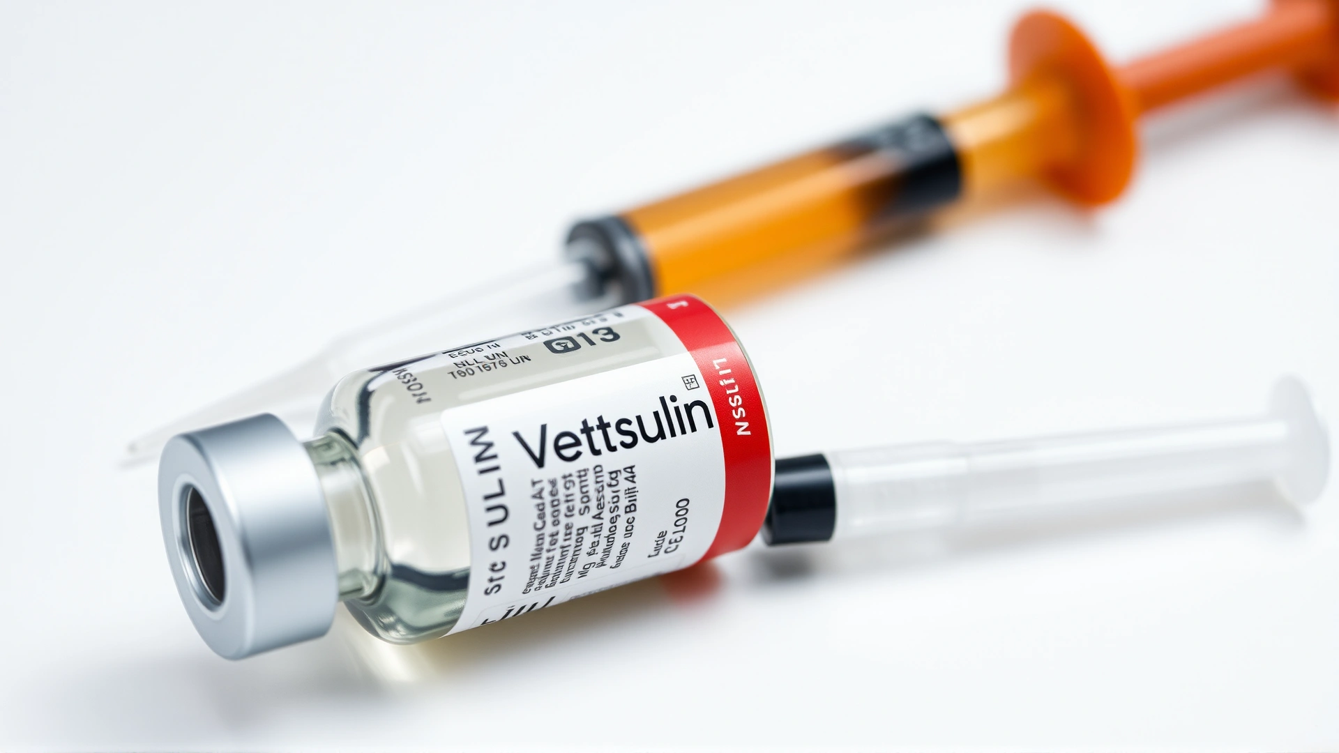 Close-up of a Vetsulin vial and an insulin syringe on a sterile white veterinary table