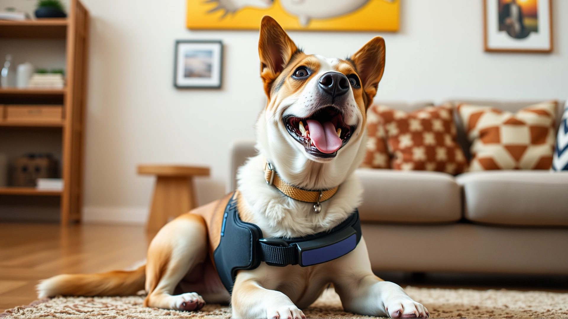 Happy dog wearing a soft vibration collar, sitting calmly in a living room