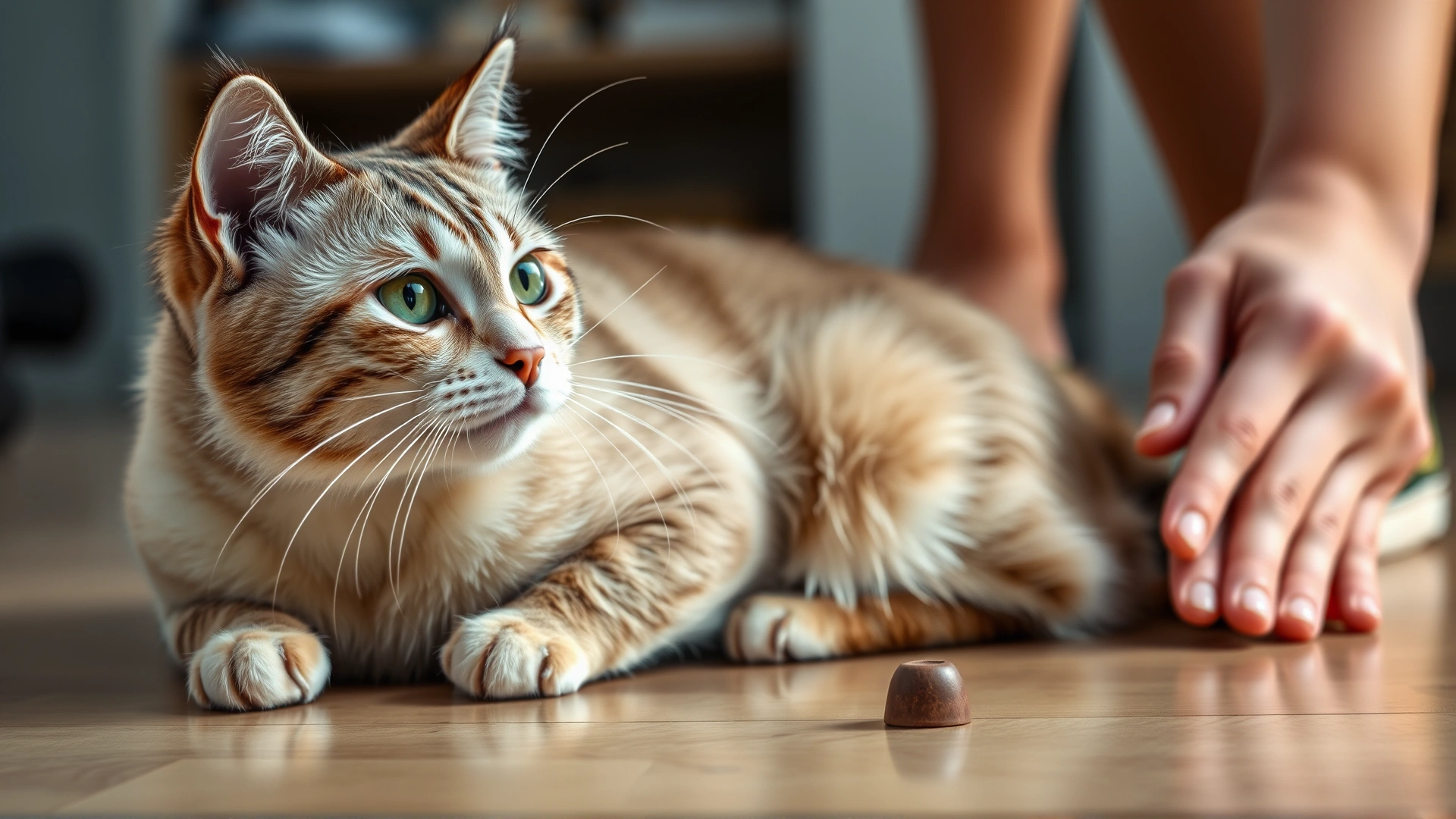 An owner tapping the floor near the cat with a soft rubber wand to create vibrations while the cat looks on.