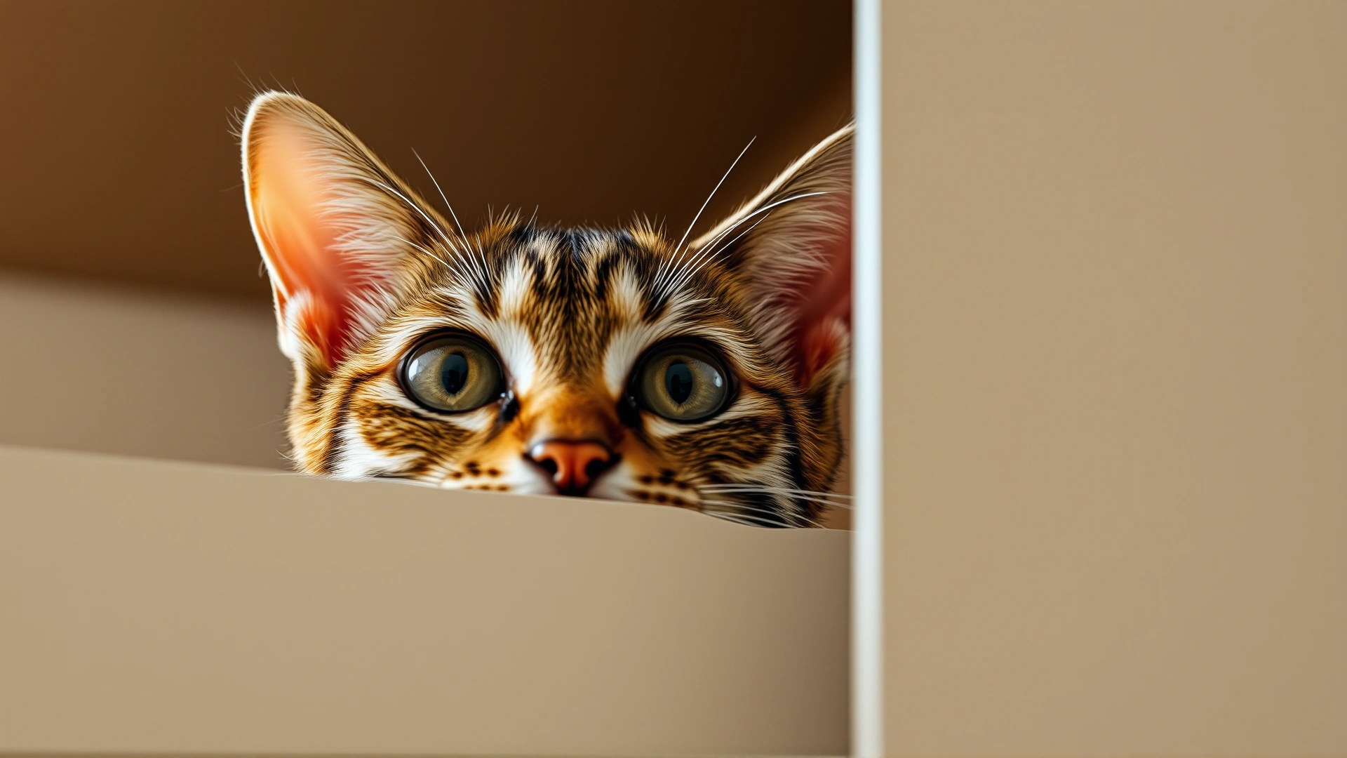 Close-up of a curious cat peeking over the edge of a high cabinet, emphasizing its wide eyes and alert ears. Soft natural light.