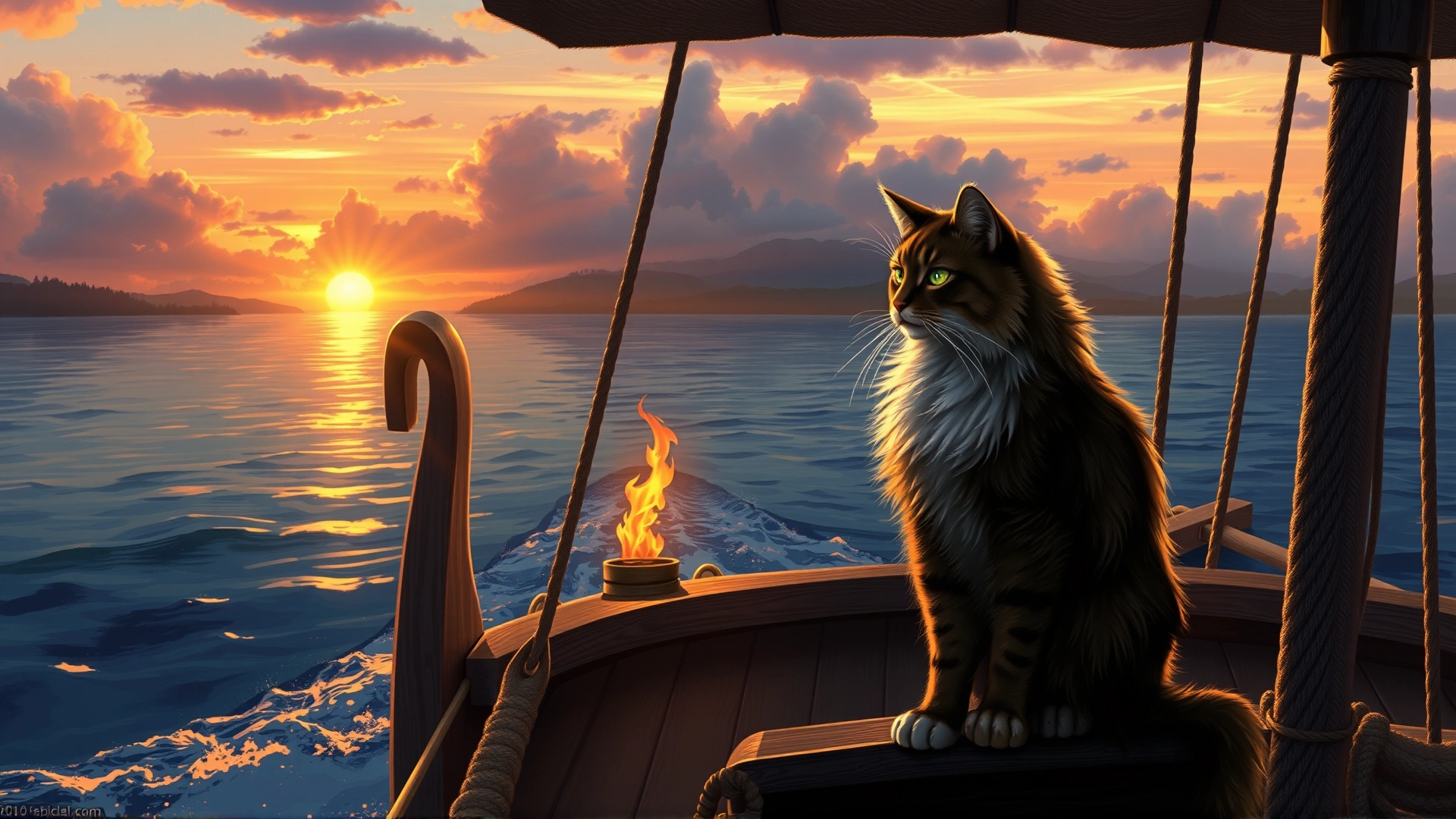 Illustrative scene of a Viking ship sailing at sunset with a Norwegian Forest Cat perched on the deck, evoking historical atmosphere.