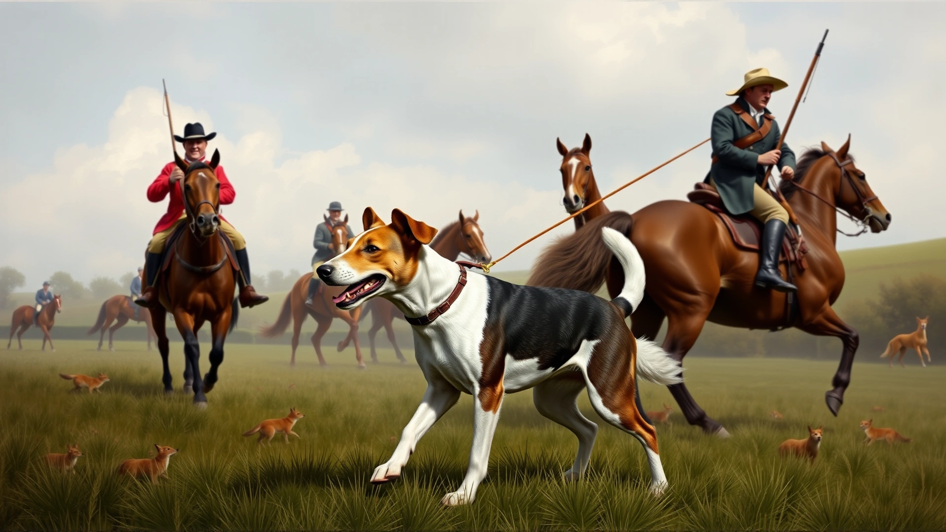 19th-century style illustration depicting a Parson Russell Terrier assisting hunters on horseback during a fox hunt