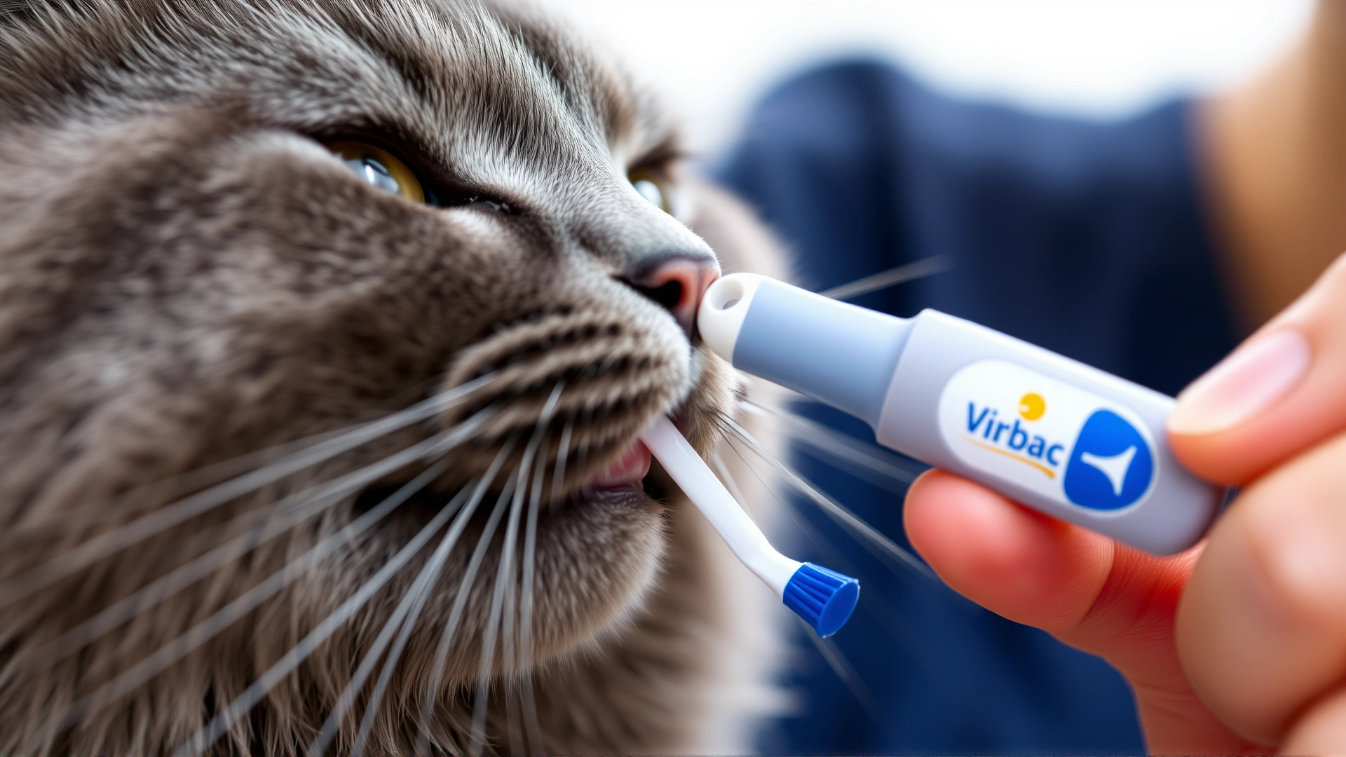 Pet parent using a Virbac finger toothbrush to gently lift a gray cat's lip, focus on hand and mouth