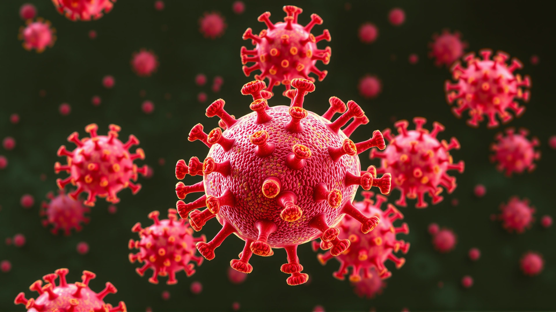 3D render of astrovirus particles under electron microscope, vibrant colors, scientific style, no text