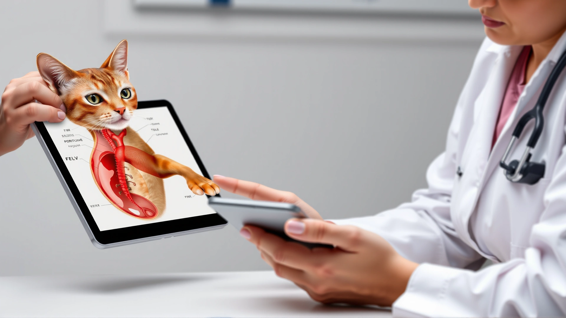 Veterinarian pointing at an anatomical diagram of a cat on a digital tablet, explaining FeLV to a pet owner