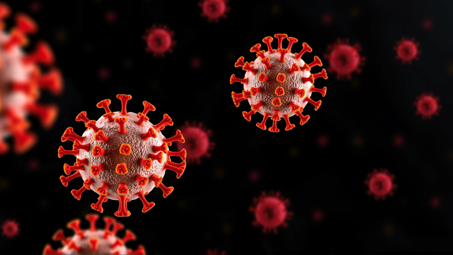 Microscopic 3D illustration of rotavirus particles in vivid colors on a dark background.