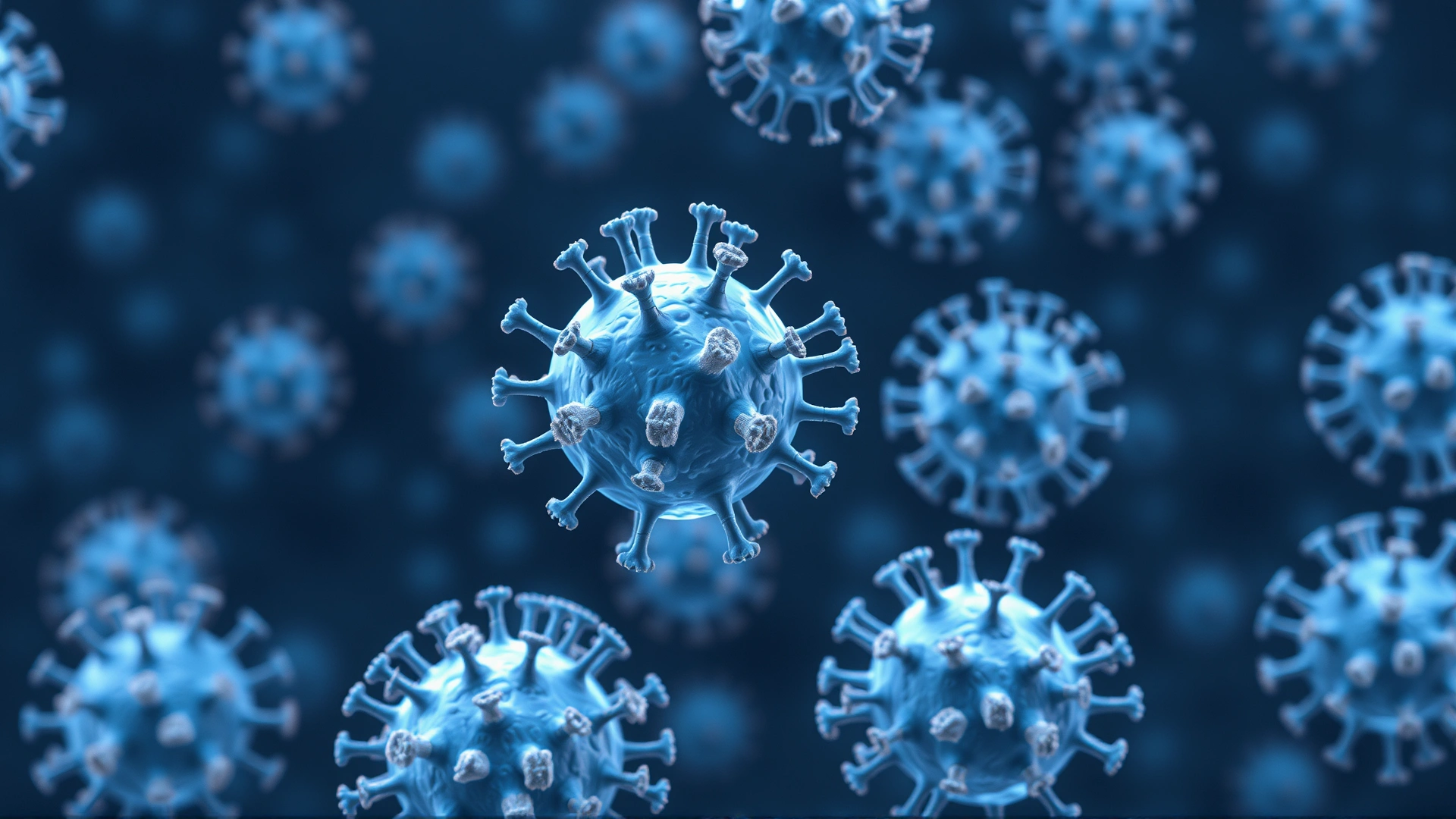 3D render of reovirus particles under an electron microscope, blue color scheme, high detail.