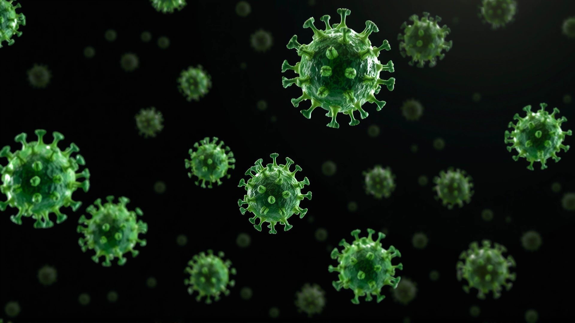 3D render of arenavirus particles under electron microscope style, green spherical particles floating on dark background.