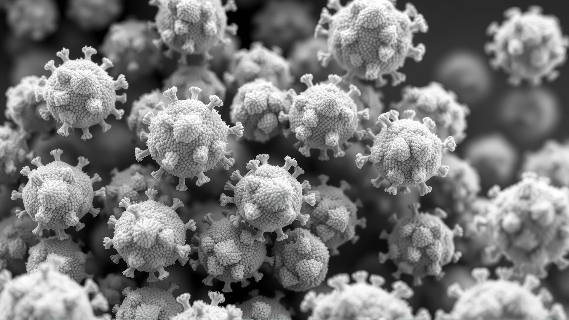 Electron microscope style close-up of foamy retrovirus particles to illustrate feline foamy virus.