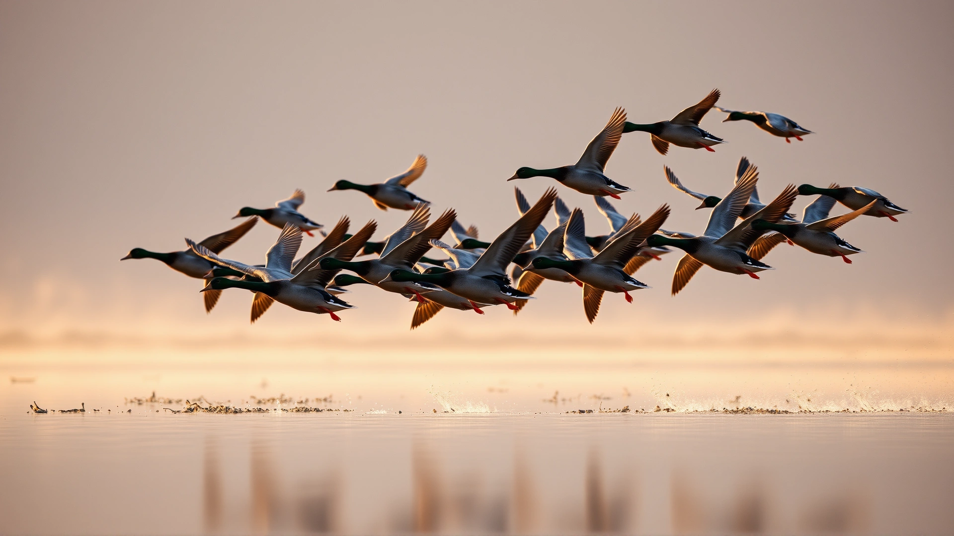 Flock of wild ducks taking off from a lake at dawn, representing natural reservoirs and spread of avian influenza