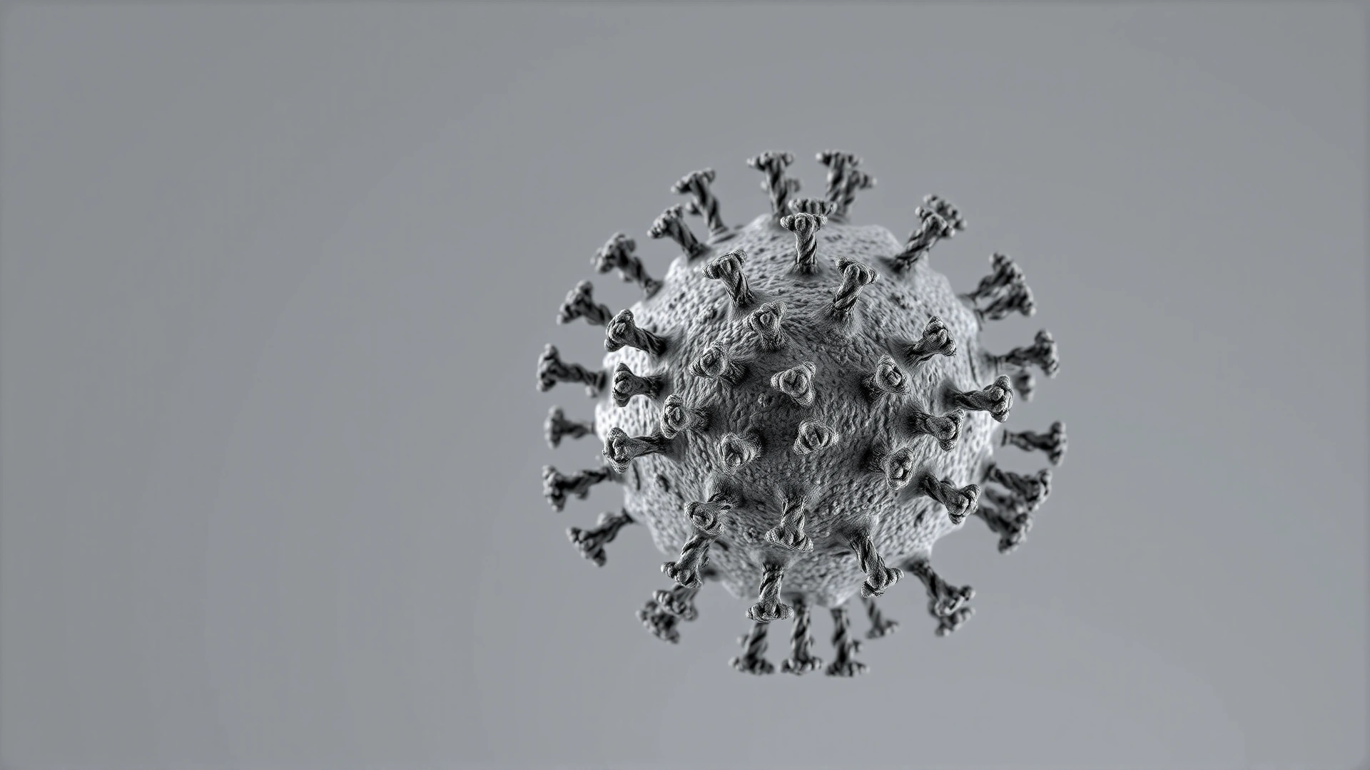 3D rendering of an avian herpesvirus particle with detailed surface proteins against a neutral gradient background