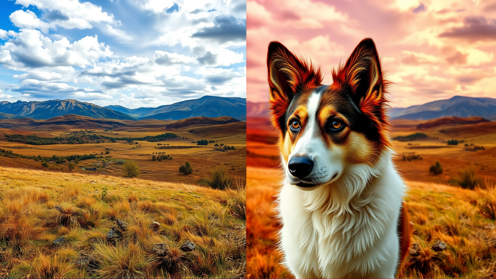 Split image showing the same landscape as seen by humans on the left (full color) and as seen by dogs on the right (muted reds, enhanced blues and yellows)