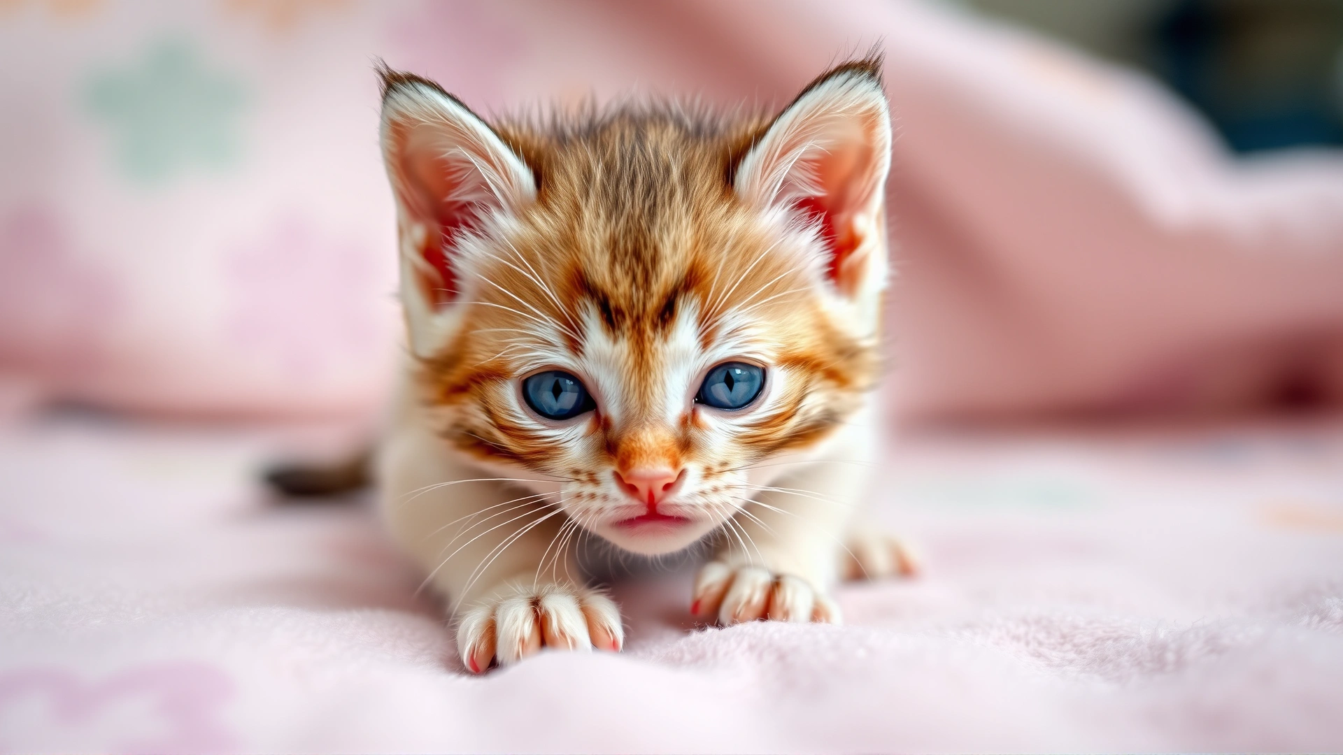 Three-week-old kitten with newly opened blue eyes crawling on a soft pastel blanket, ears perked up