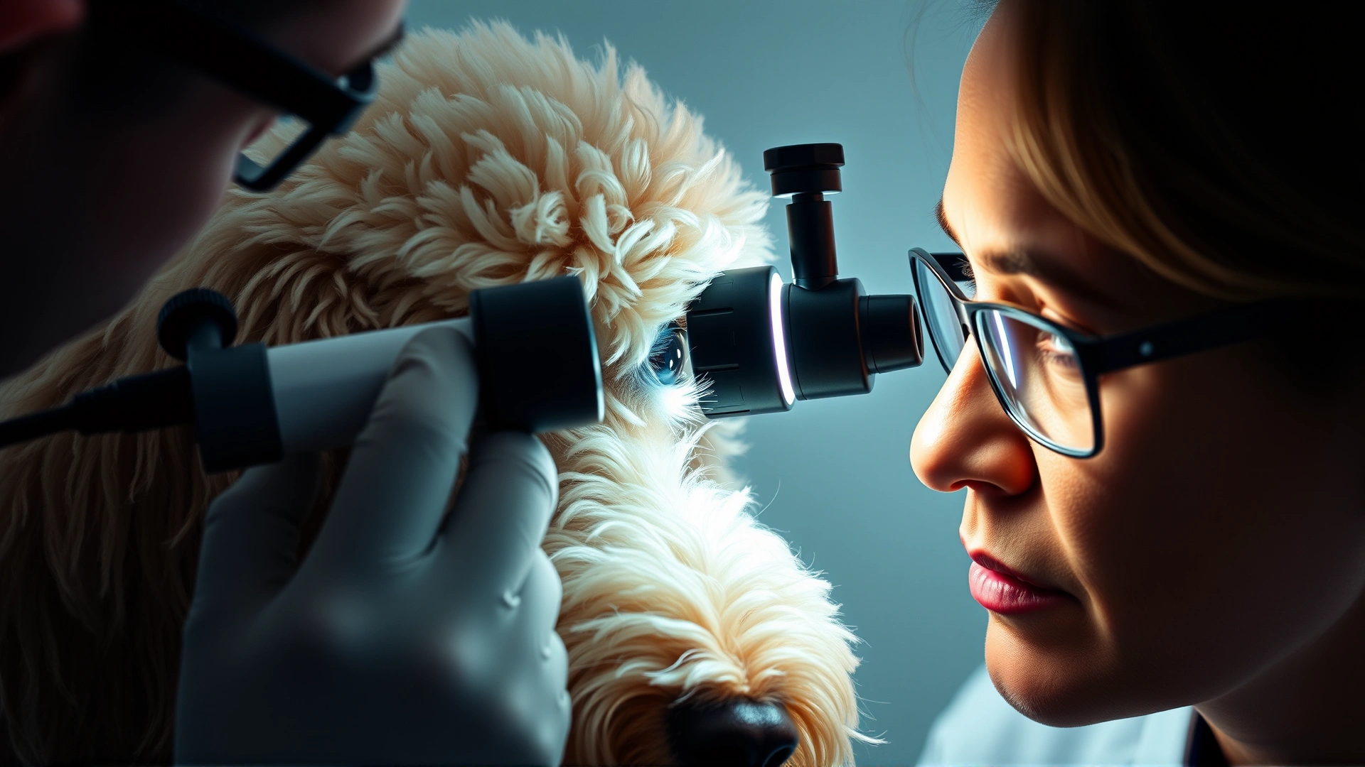 Veterinarian shining an ophthalmoscope light into a senior Poodle’s eye during an eye examination.