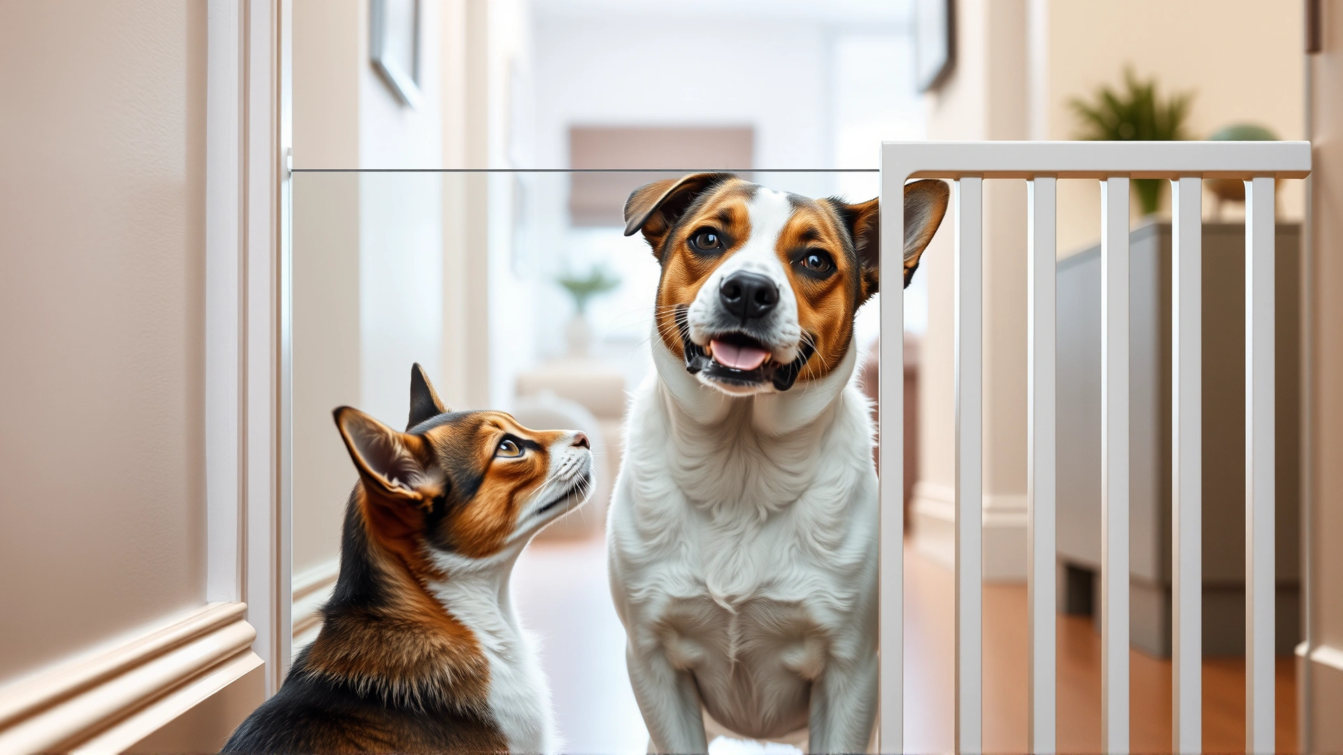 Cat and dog calmly observing each other through a transparent baby gate, both appearing relaxed, modern home hallway, no text