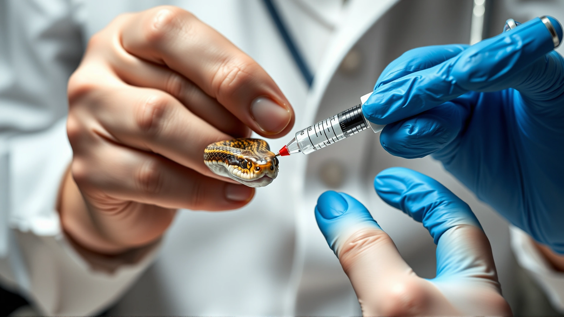 Veterinarian drawing a blood sample from a corn snake using a small syringe; focus on hands and procedure