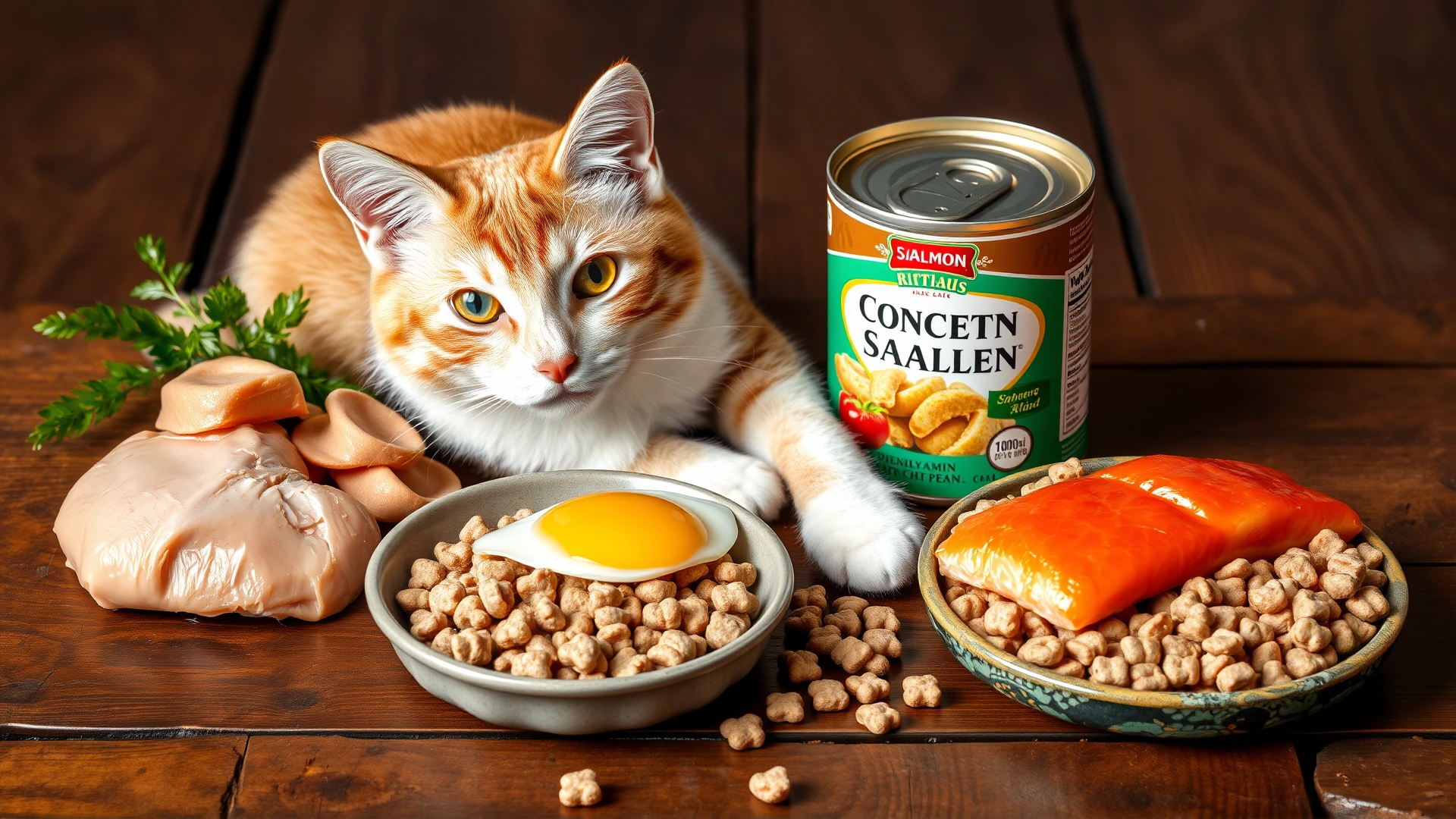 Still life of various vitamin A rich foods for cats: chicken liver, cooked egg yolk, canned salmon, and high-quality kibble, arranged neatly on a rustic wooden table.