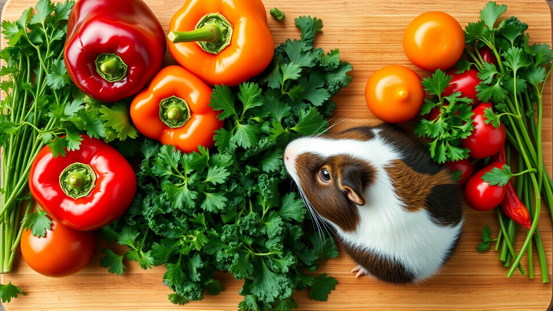 Top-down view of a cutting board full of vitamin C–rich vegetables like red bell peppers, kale, parsley next to a small guinea pig