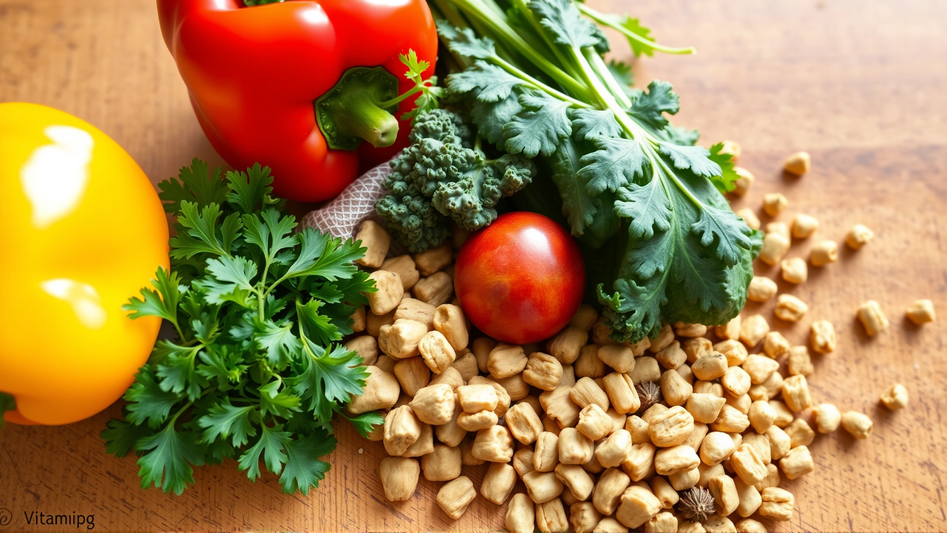 Colorful assortment of bell peppers, parsley, kale, and guinea pig pellets arranged on a wooden surface, highlighting vitamin C sources