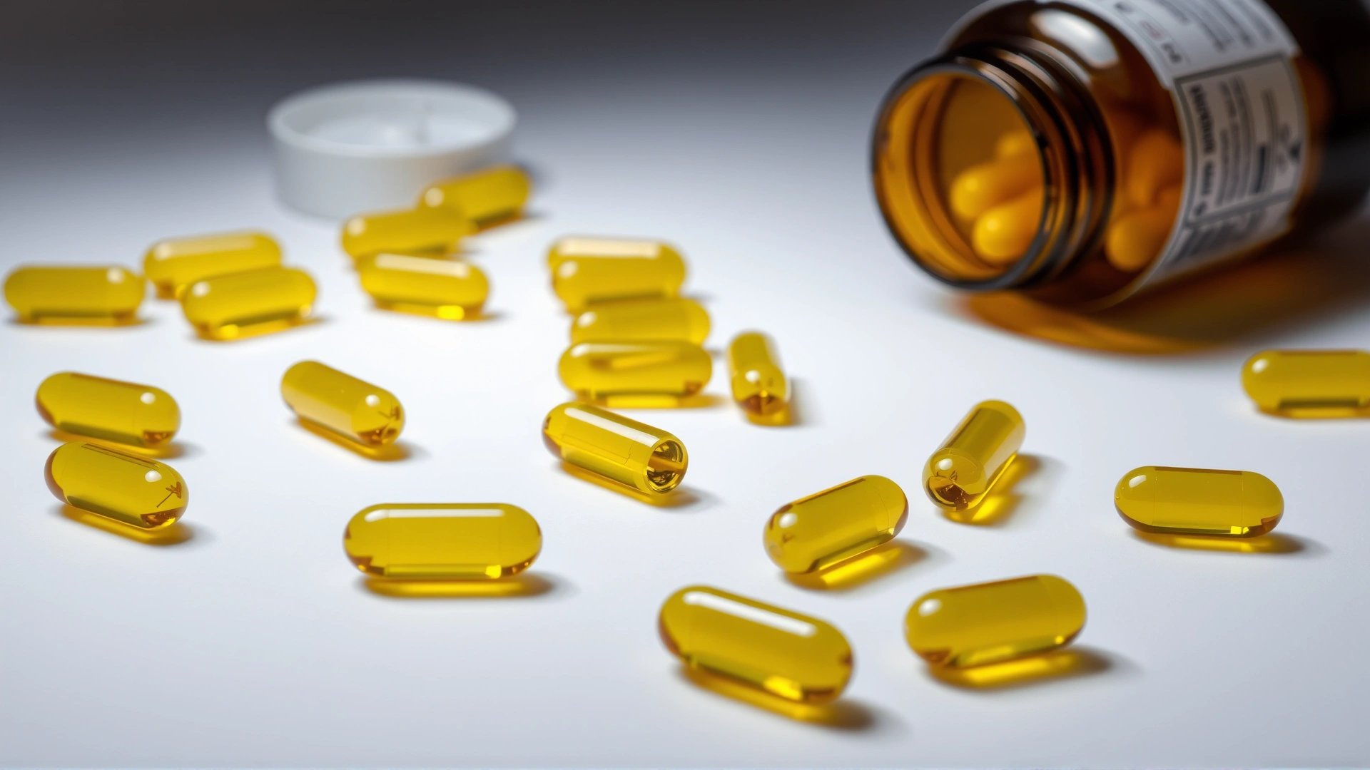 Scattered yellow vitamin D softgel capsules on a white surface with an open bottle nearby, studio lighting