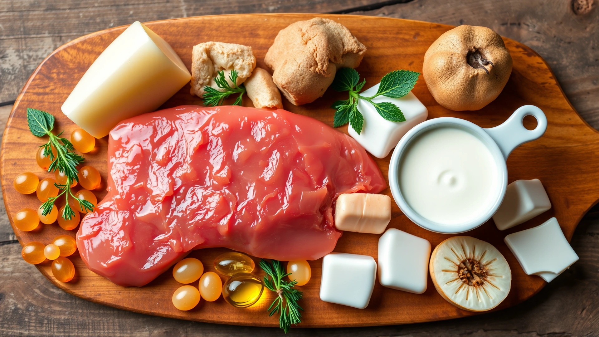 Variety of vitamin A–rich foods such as raw beef liver pieces, fish oil capsules, and dairy arranged on a wooden board, photographed from above.