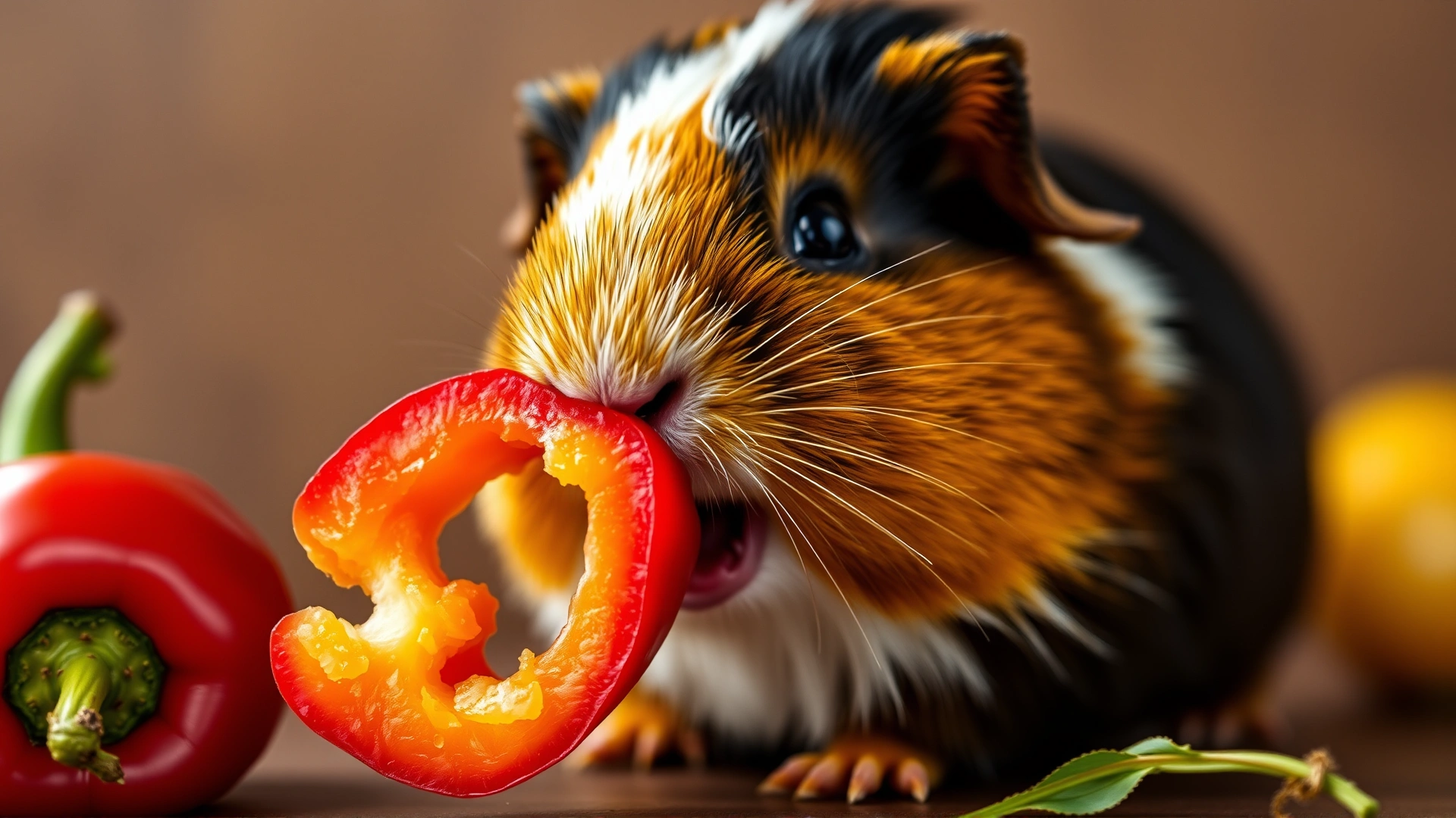 Guinea pig happily nibbling a slice of red bell pepper rich in vitamin C, vivid colors, shallow depth of field