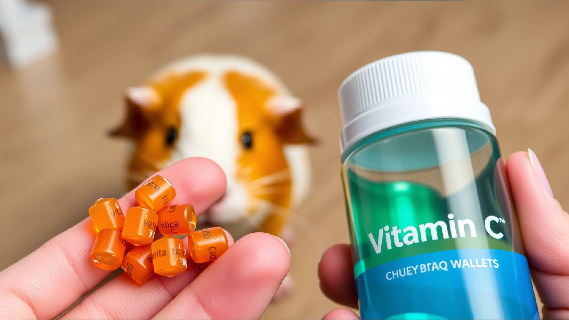 Close-up of vitamin C chewable tablets and a small-pet water bottle held in a pet owner’s hand, with a blurred guinea pig in the background.