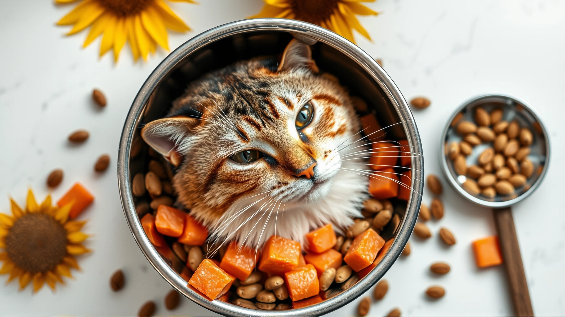 Top-down view of a bowl filled with high-quality cat food rich in vitamin E, surrounded by salmon pieces and sunflower seeds, clean kitchen countertop.