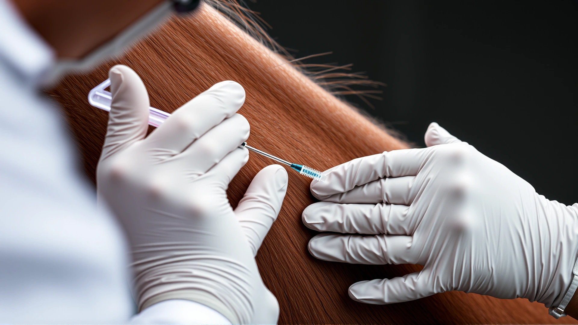 Veterinarian injecting a brown horse subcutaneously in the neck area, focus on the needle and gloved hands