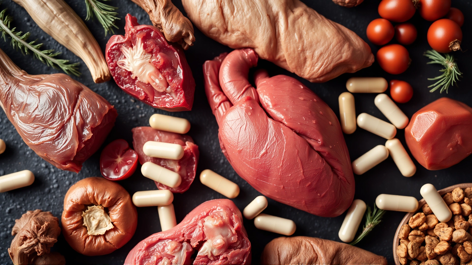 Flat-lay image of assorted nutrient-rich animal organs such as liver and heart alongside supplement capsules, symbolizing vital vitamins and minerals for cats.