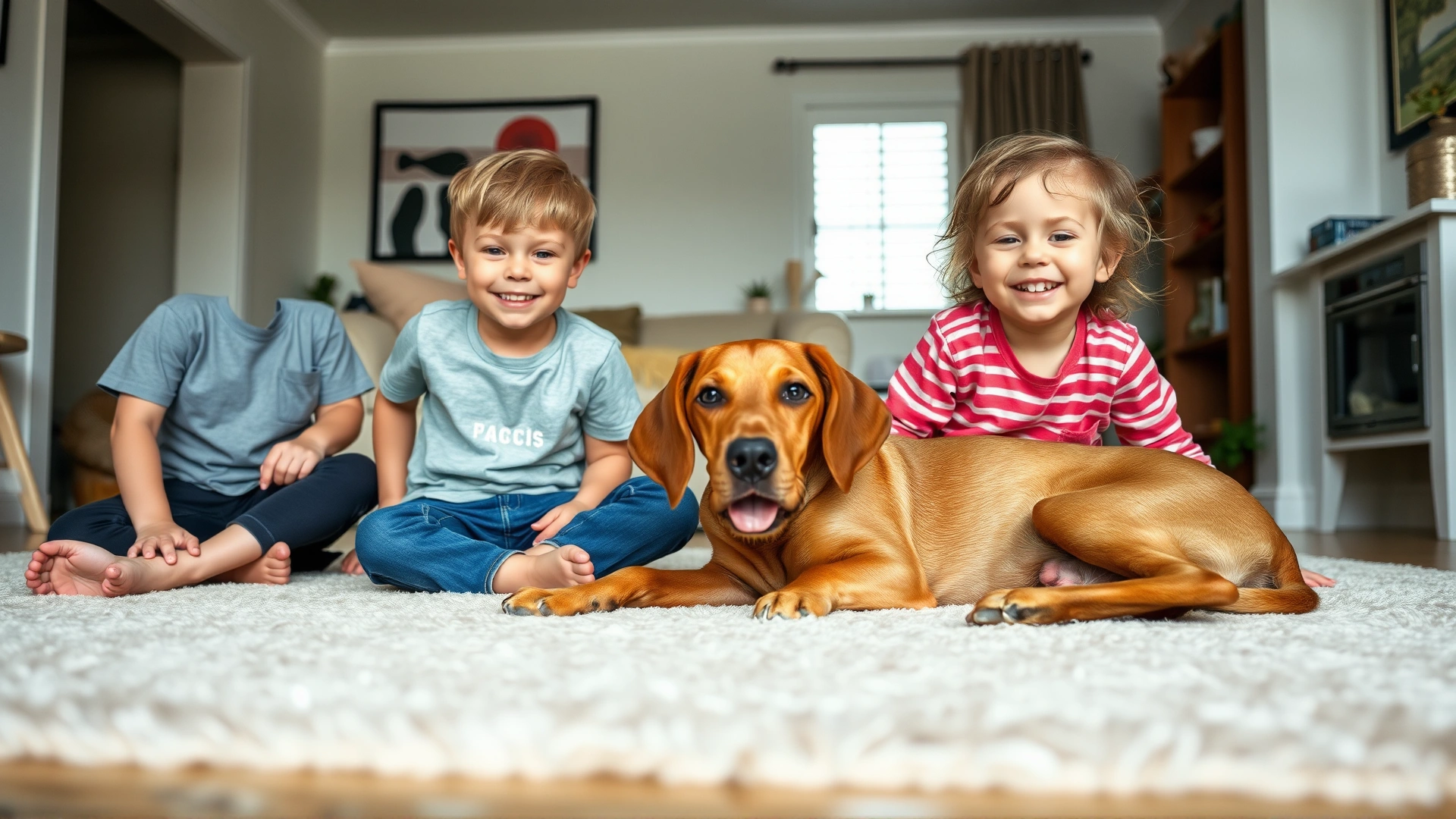 Smiling children playing on the living-room floor with a relaxed Vizsla dog, cozy home interior