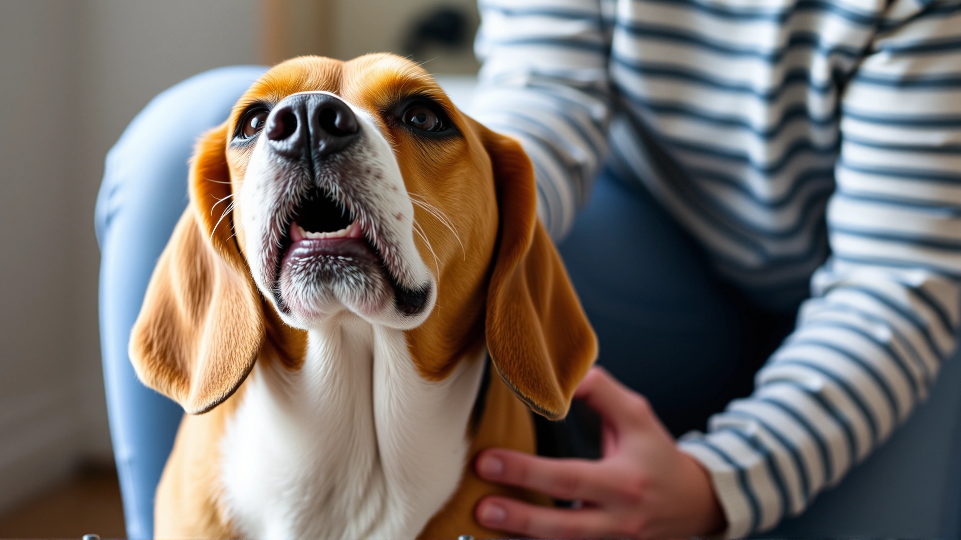 A senior Beagle emitting a soft whine with mouth slightly open while its owner gently touches its hip