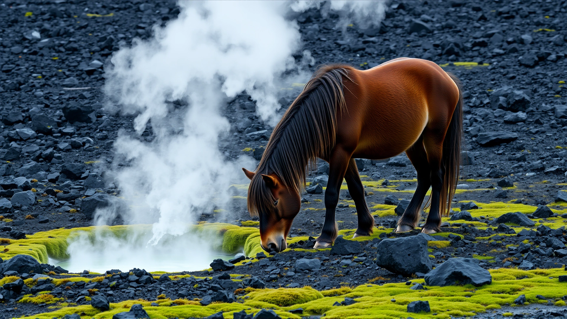 Icelandic horse grazing near a steaming geothermal vent among black volcanic rocks and sparse green moss