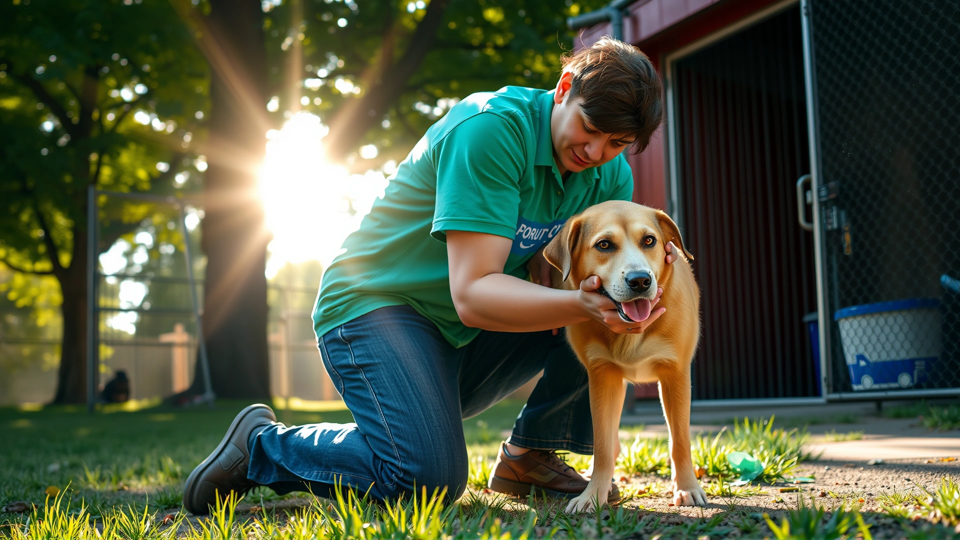 Outdoor shot of a volunteer kneeling and hugging an older mixed-breed dog outside a shelter, sunshine filtering through trees, evoking compassion and second chances.