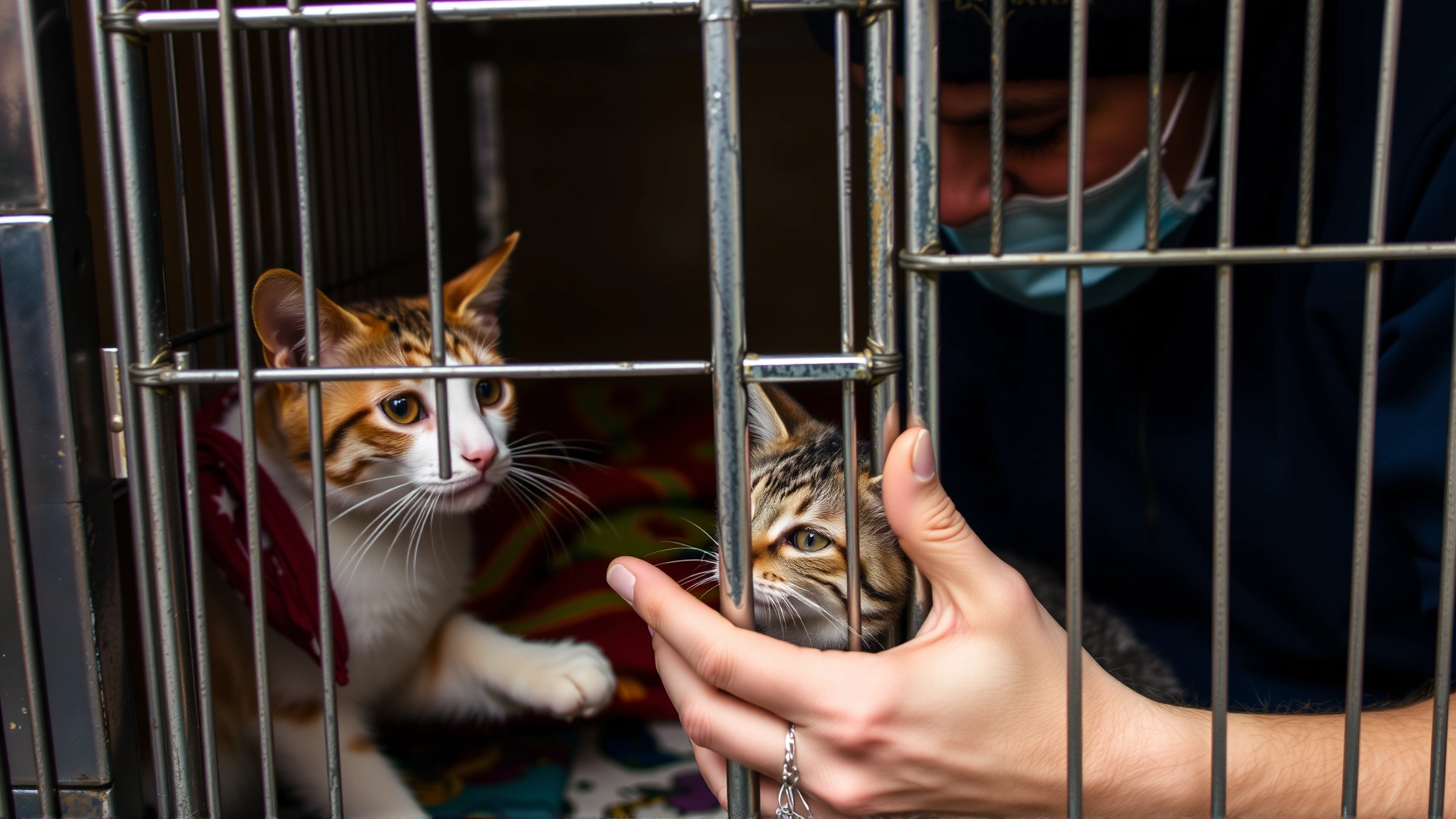 Owner gently petting a rescue cat inside a shelter enclosure, warm atmosphere with colorful blankets.