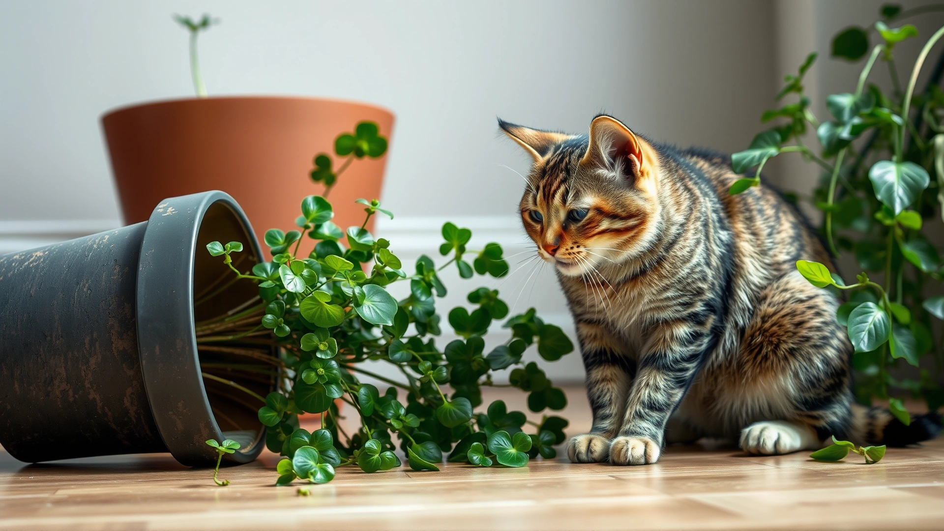 A tabby cat crouched on the floor while vomiting next to an overturned houseplant pot, indoor setting, realistic, no text