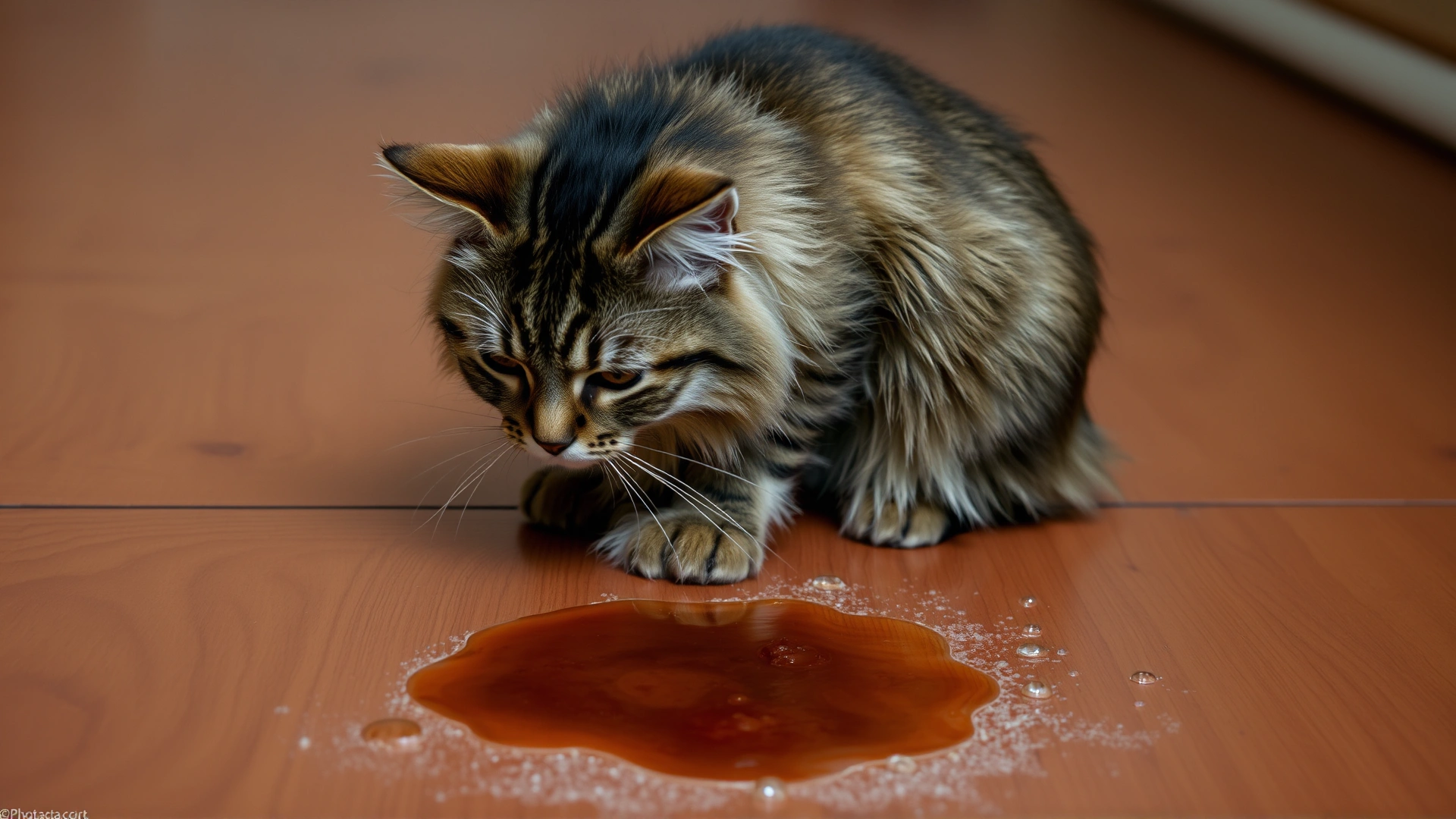 Long-haired tabby cat crouched next to a small puddle of vomit on a wooden floor, looking lethargic.